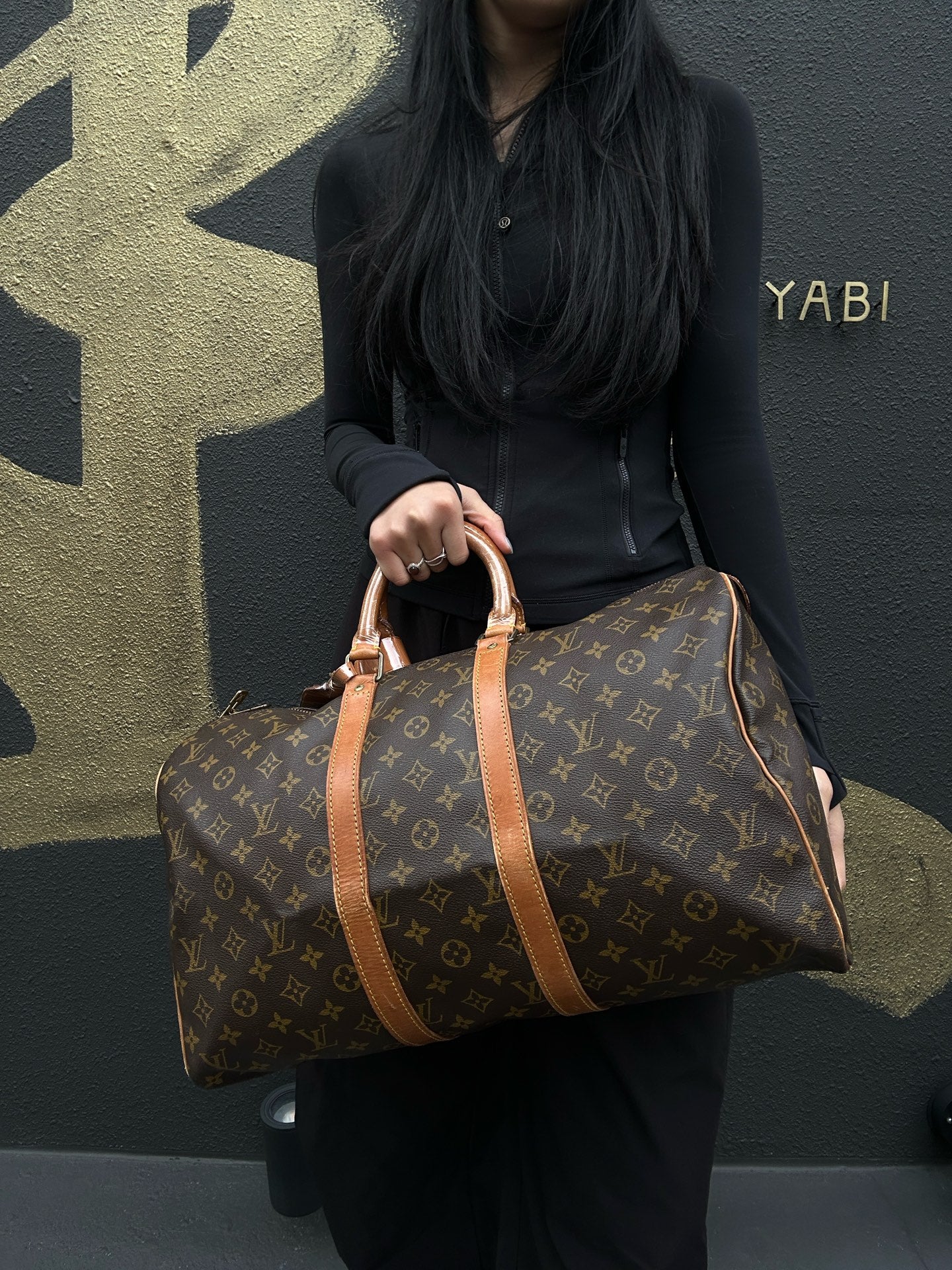 LOUIS VUITTON Keepall 45, Monogram Coated Canvas, Boston Travel & Handbag, Brown, with Name Tag and Pochette
