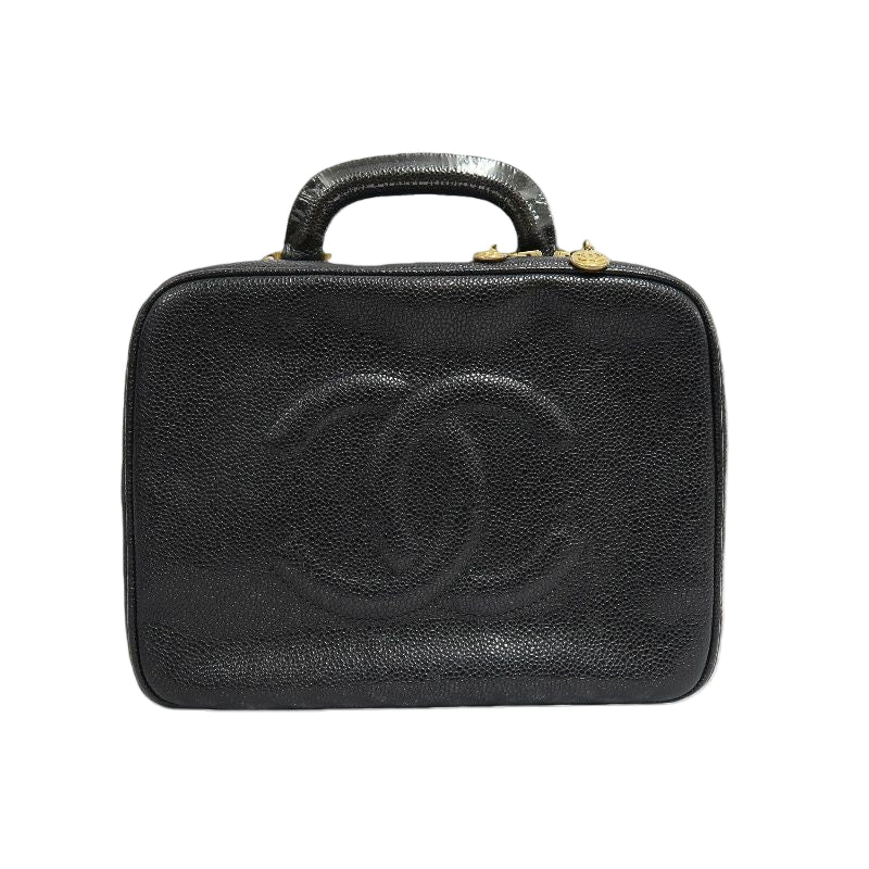 CHANEL Black Caviar Leather Box Bag, Gold Hardware, with Shoulder Strap & Guarantee Card, Top Handle & Crossbody Style
