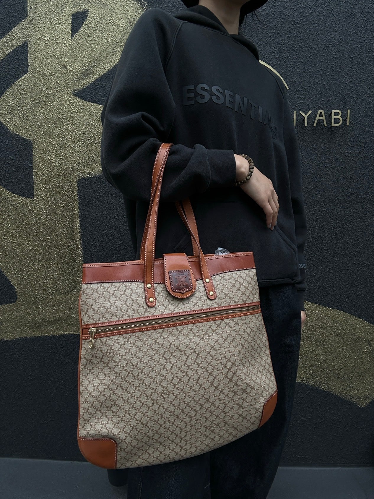 CELINE Brown Beige Macadam Coated Canvas Tote Bag