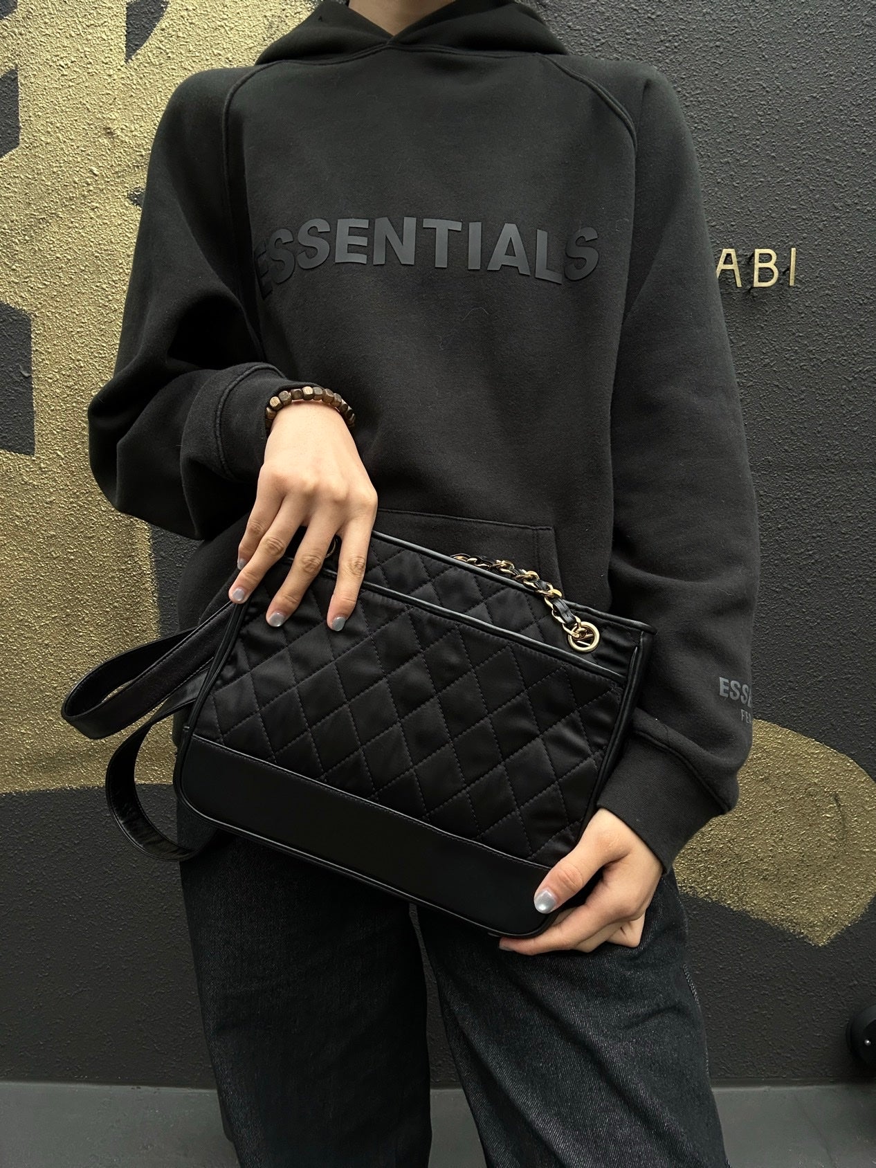CHANEL Matelassé Shoulder Bag, Nylon, Black, Gold Hardware