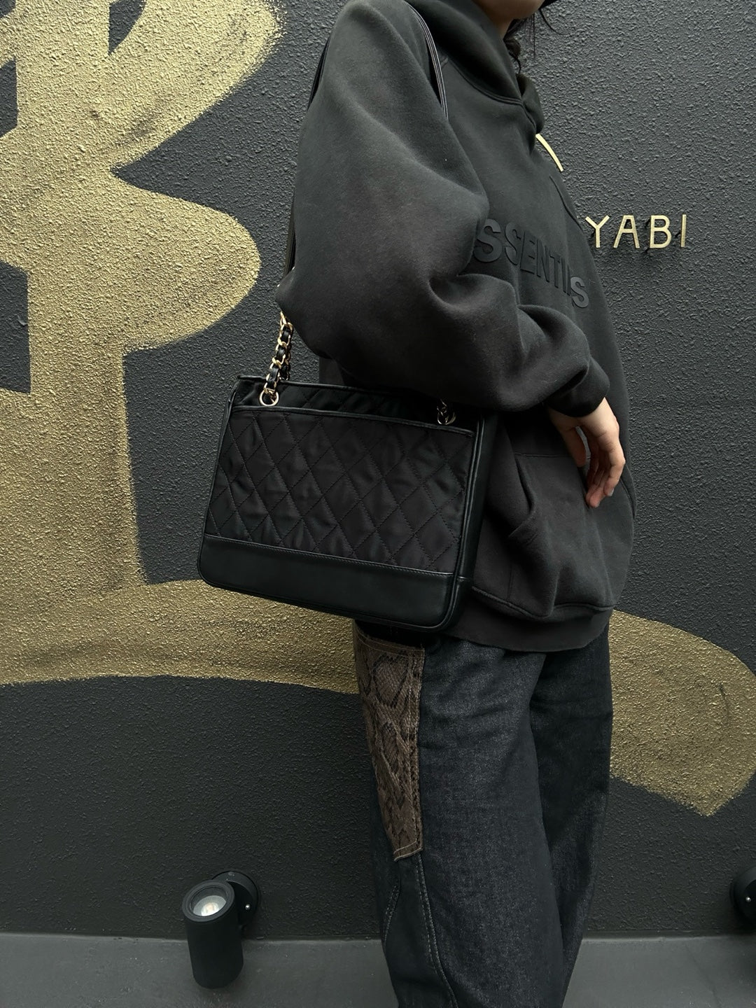 CHANEL Matelassé Shoulder Bag, Nylon, Black, Gold Hardware