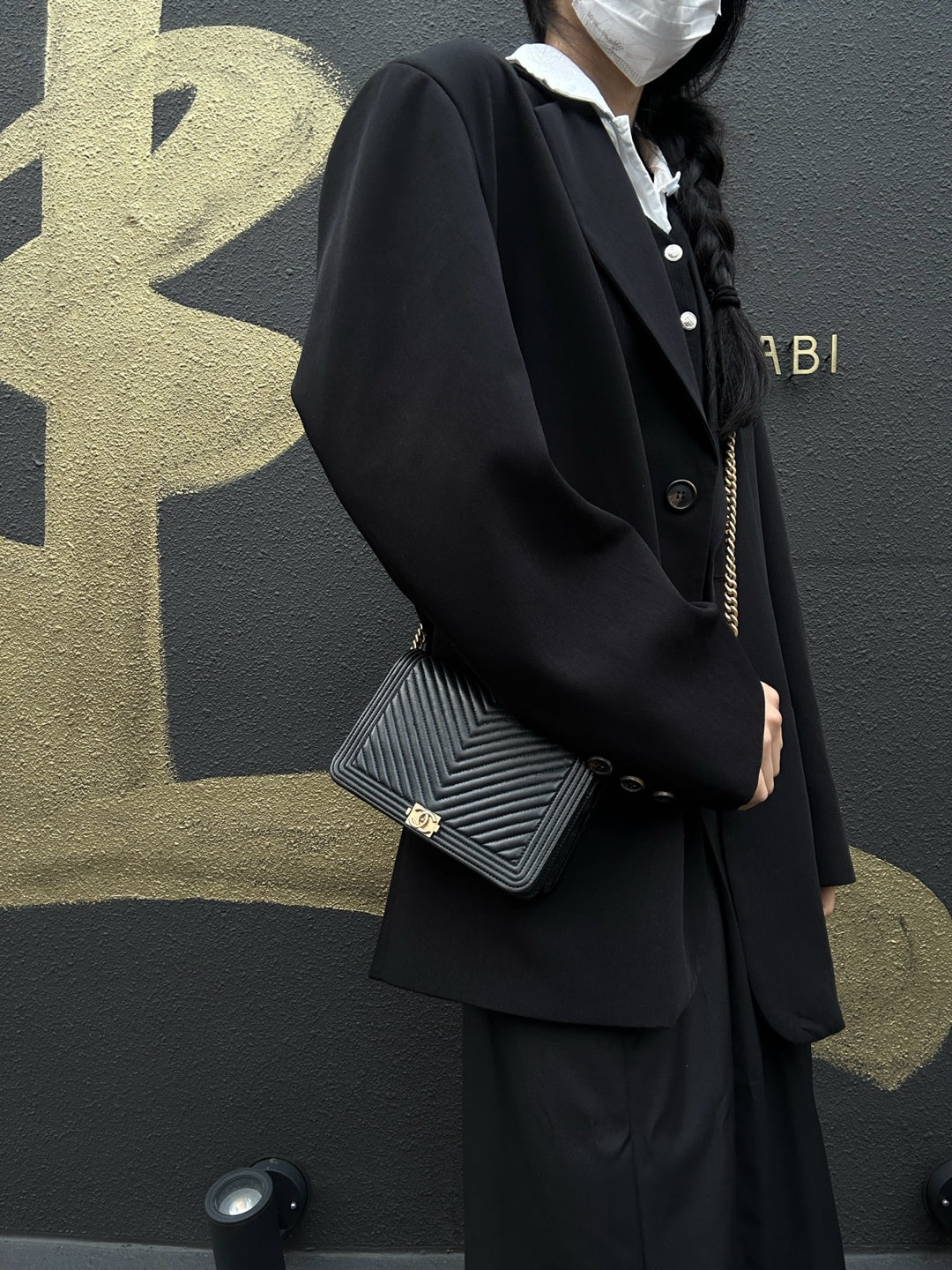 CHANEL Boy Chanel V-Stitch Shoulder Bag, Lambskin, Black with Gold-Tone Hardware