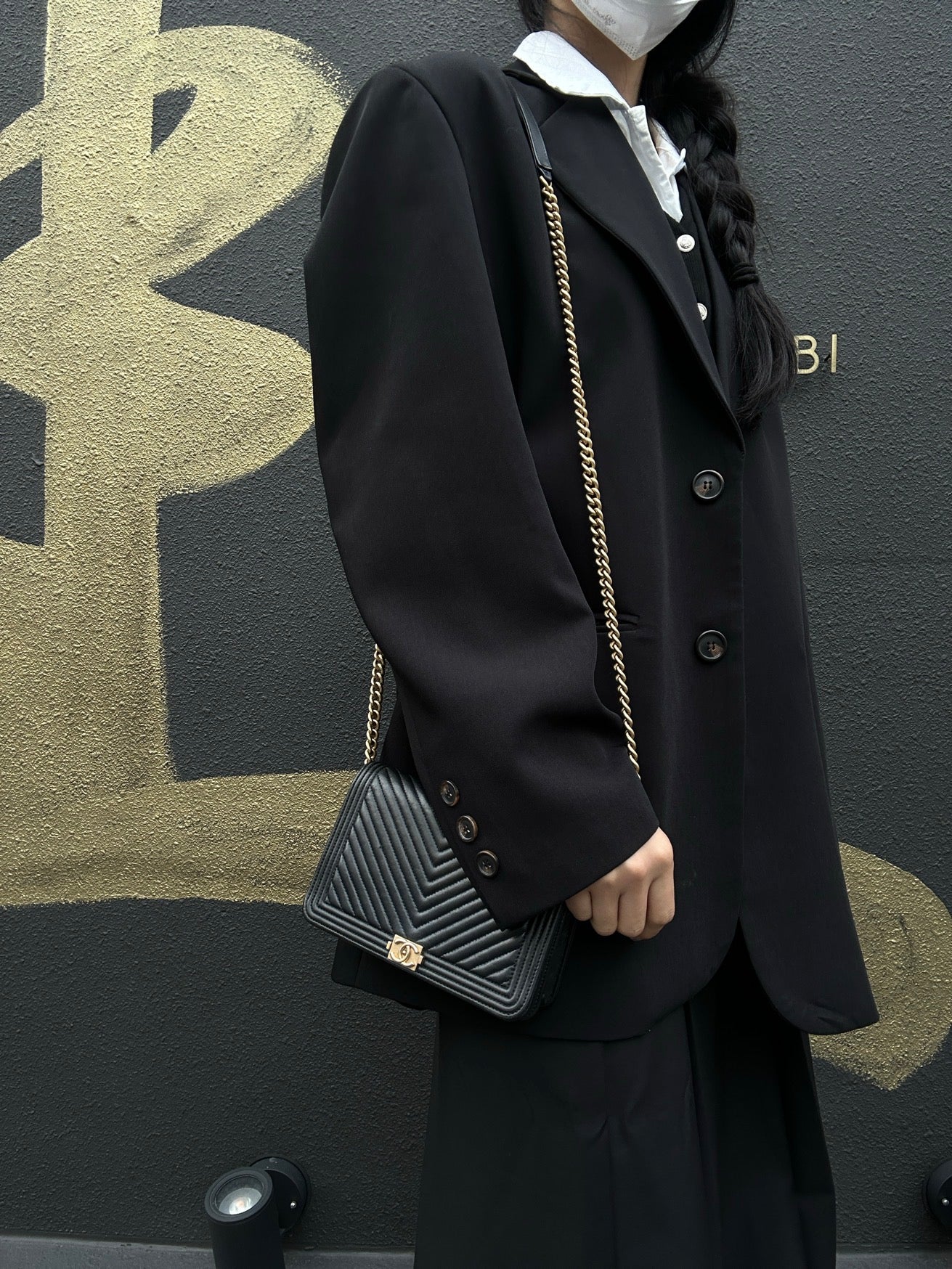 CHANEL Boy Chanel V-Stitch Shoulder Bag, Lambskin, Black with Gold-Tone Hardware