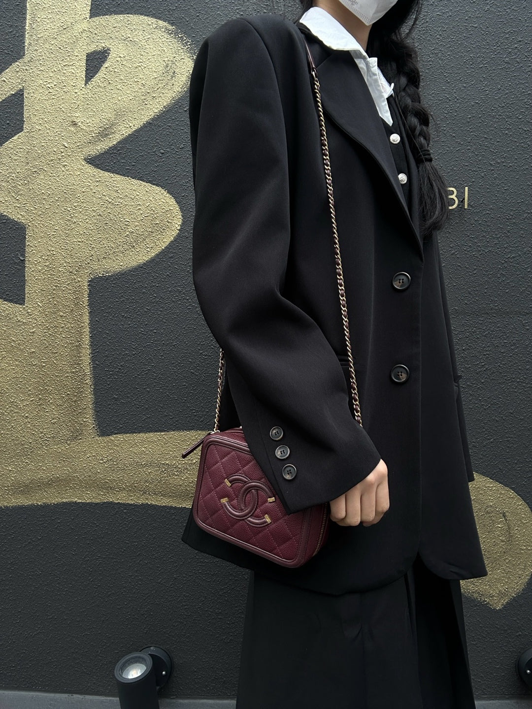 CHANEL CC Filigree Matelassé Hand & Shoulder Bag, Caviar Skin, Bordeaux, Gold Hardware