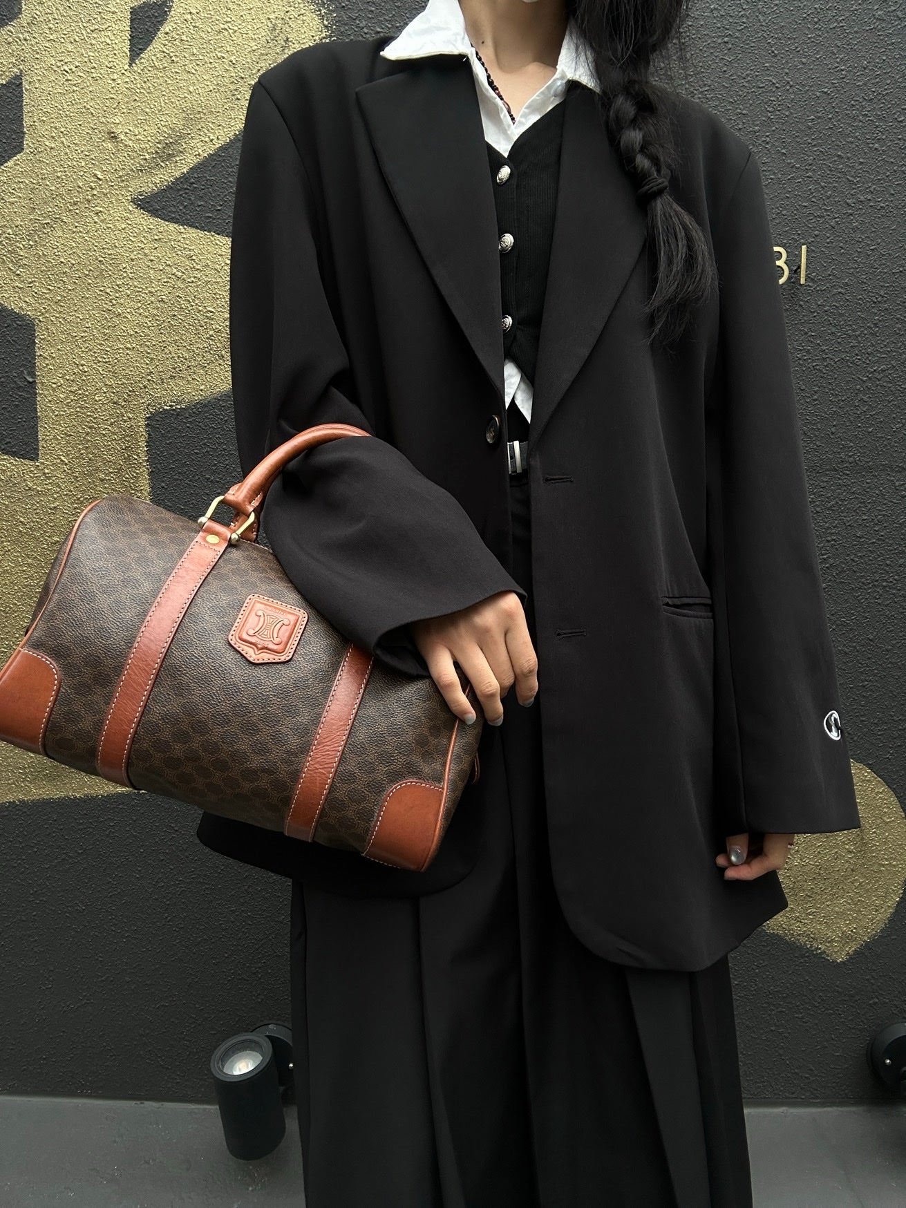 CELINE Macadam Pattern Brown Coated Canvas Mini Boston Handbag