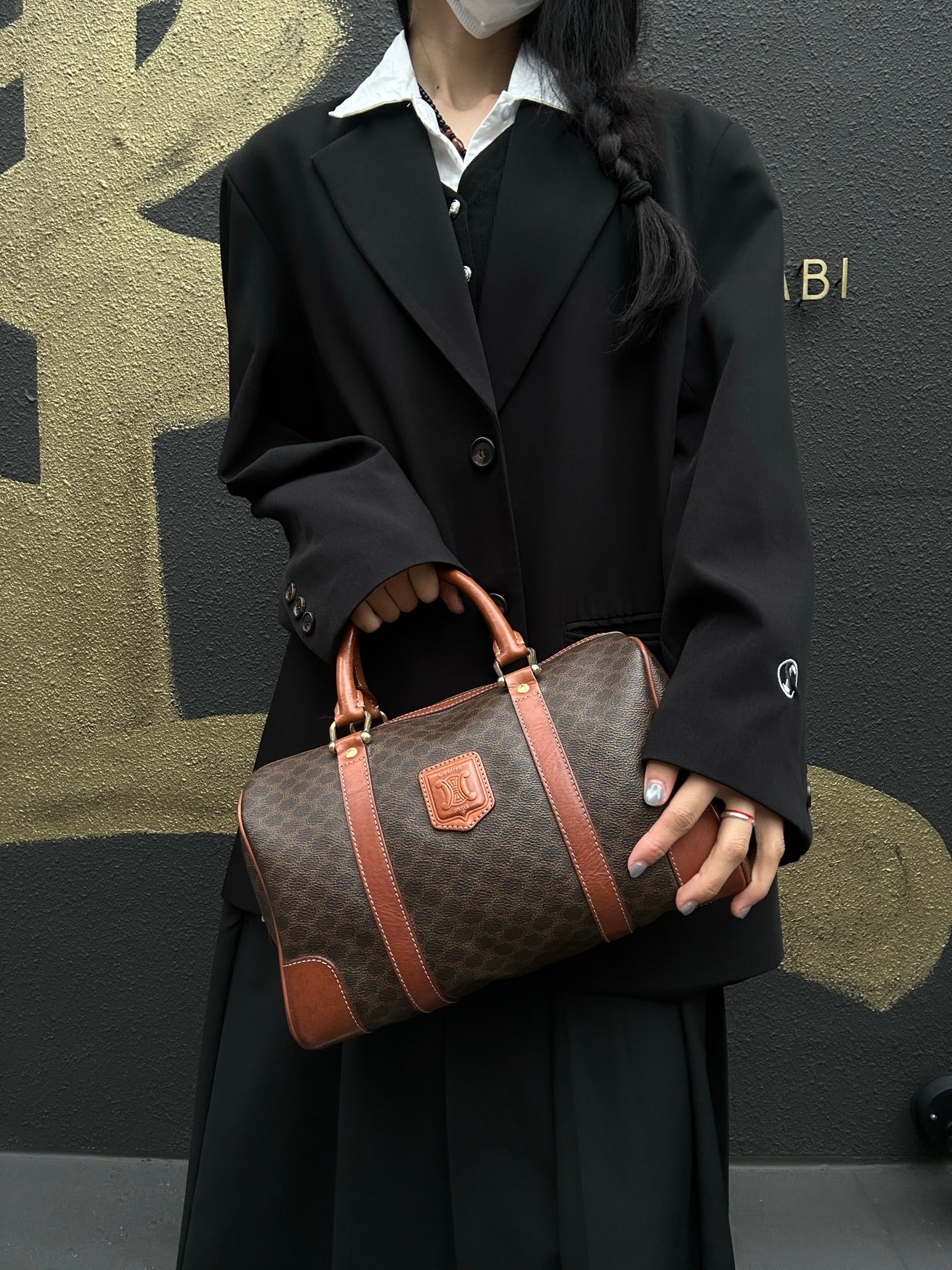 CELINE Macadam Pattern Brown Coated Canvas Mini Boston Handbag