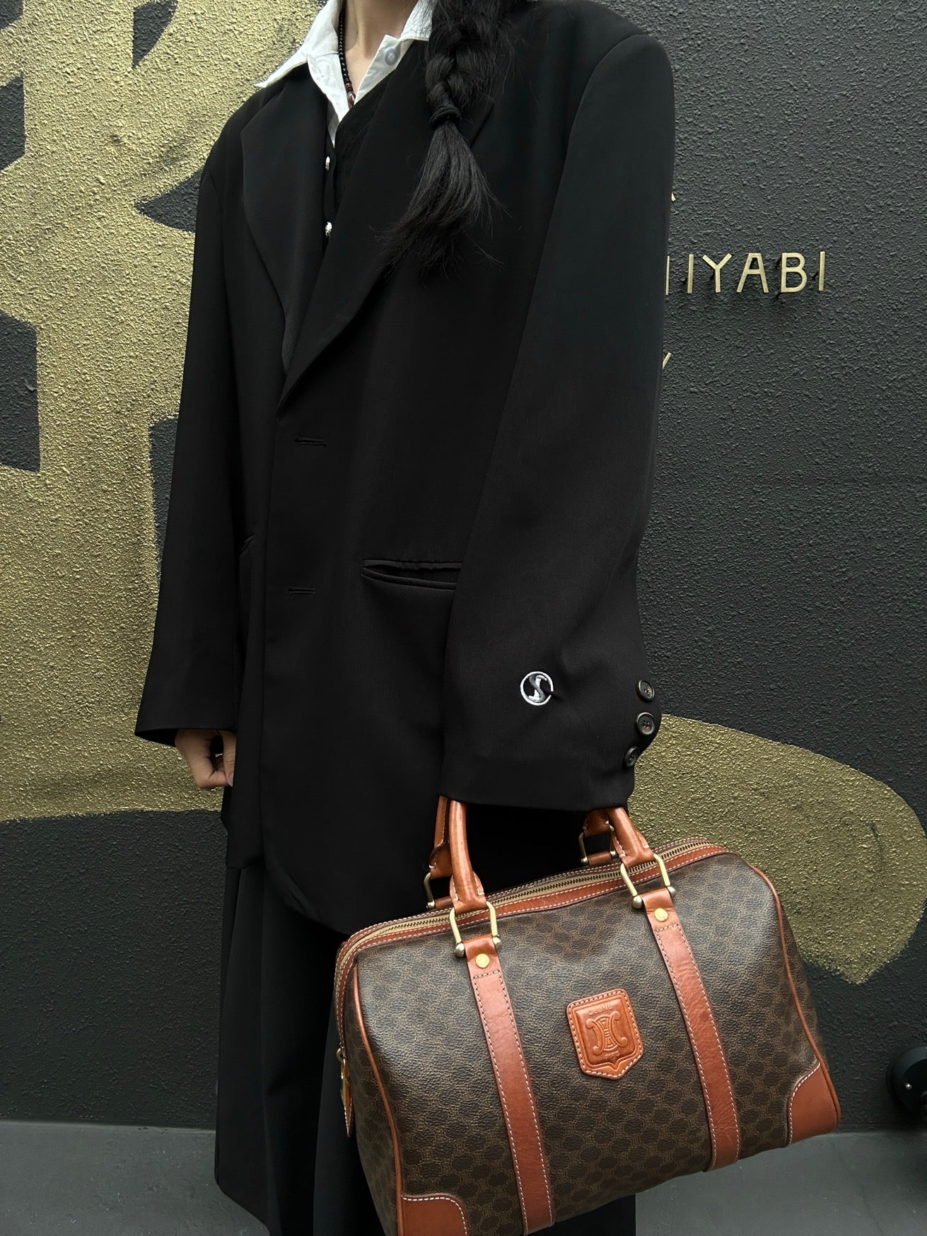 CELINE Macadam Pattern Brown Coated Canvas Mini Boston Handbag