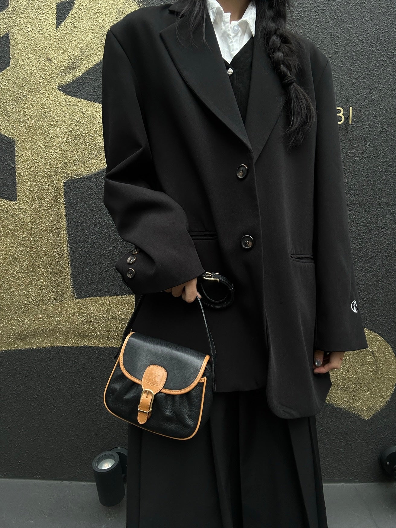 CELINE Black Leather Saddle Crossbody Shoulder Bag