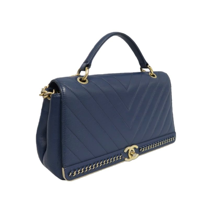 CHANEL V-Stitch Handbag & Shoulder Bag, Leather, Navy, Gold Hardware
