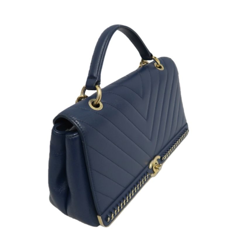 CHANEL V-Stitch Handbag & Shoulder Bag, Leather, Navy, Gold Hardware