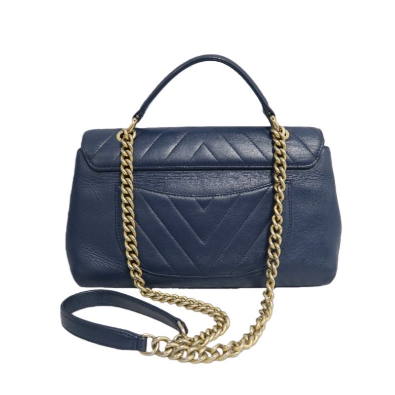 CHANEL V-Stitch Handbag & Shoulder Bag, Leather, Navy, Gold Hardware
