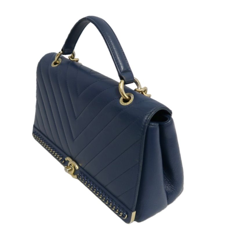 CHANEL V-Stitch Handbag & Shoulder Bag, Leather, Navy, Gold Hardware