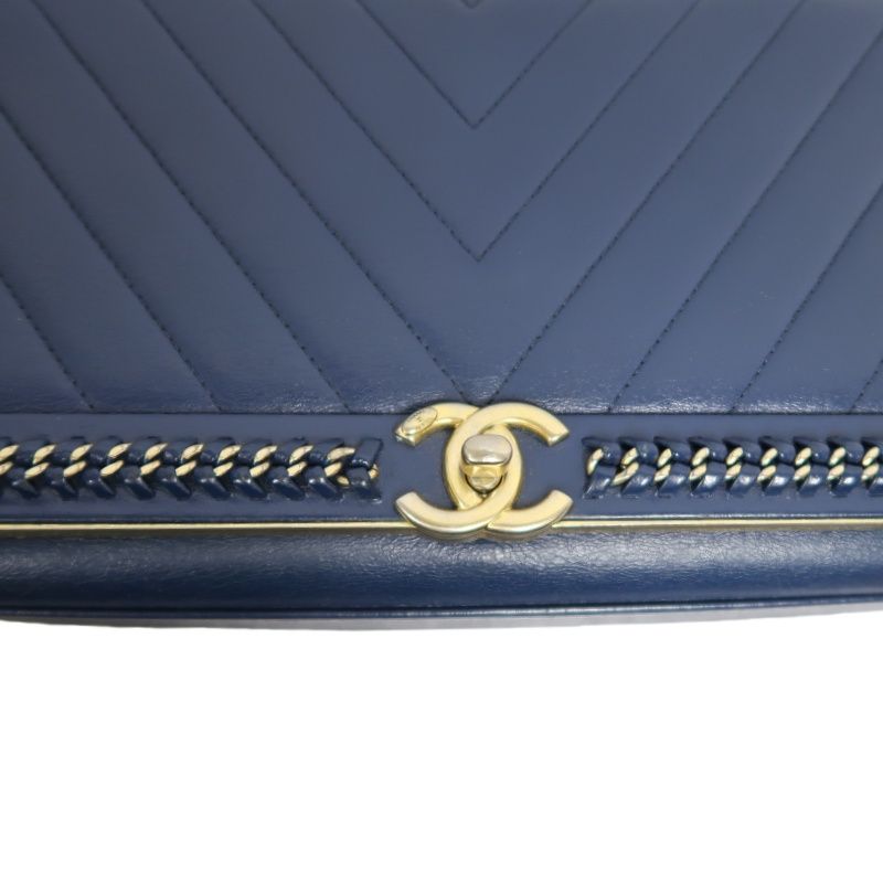 CHANEL V-Stitch Handbag & Shoulder Bag, Leather, Navy, Gold Hardware