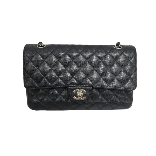 CHANEL Classic Flap Quilted Shoulder Bag, Caviar Leather, Black with Silver Hardware