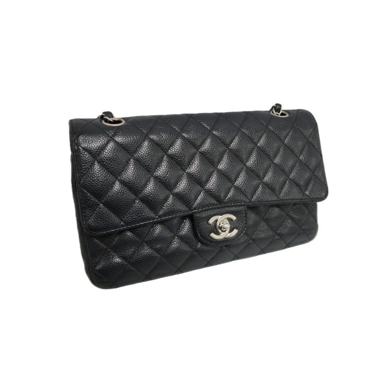 CHANEL Classic Flap Quilted Shoulder Bag, Caviar Leather, Black with Silver Hardware