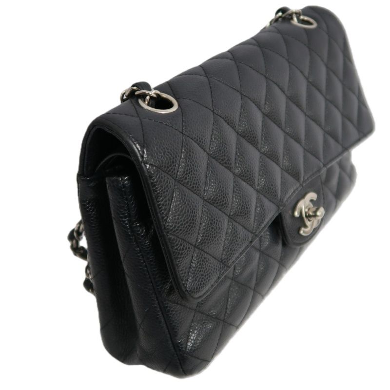 CHANEL Classic Flap Quilted Shoulder Bag, Caviar Leather, Black with Silver Hardware