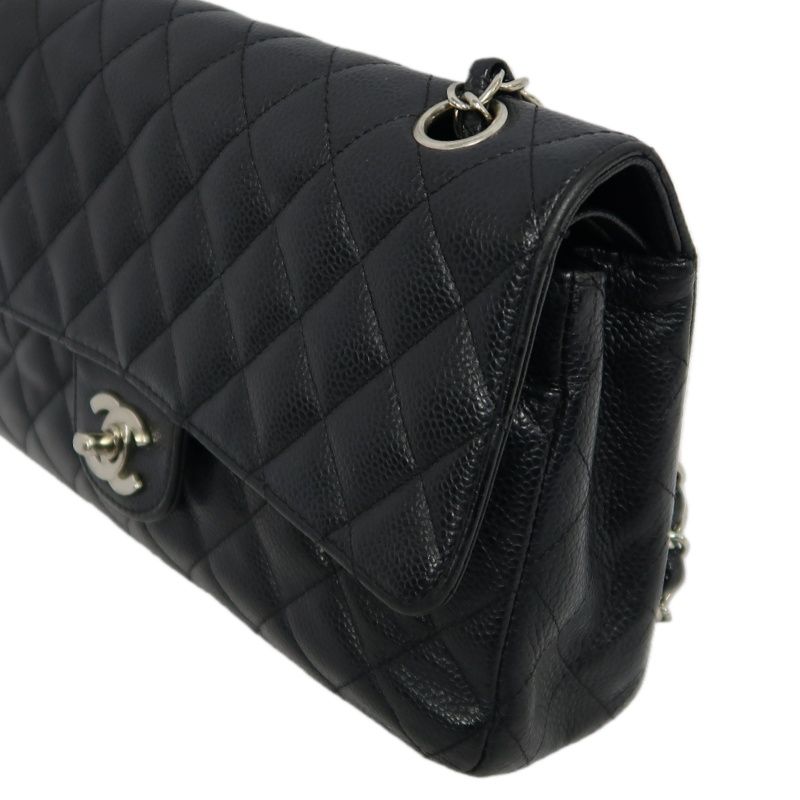 CHANEL Classic Flap Quilted Shoulder Bag, Caviar Leather, Black with Silver Hardware