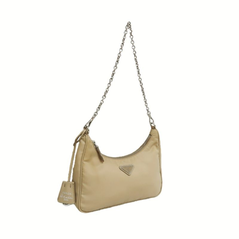 PRADA Handbag, Nylon, Beige with Silver Hardware, Detachable Shoulder Strap Included, Pouch Included, Dust Bag Included