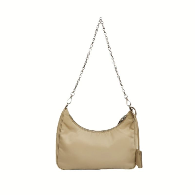 PRADA Handbag, Nylon, Beige with Silver Hardware, Detachable Shoulder Strap Included, Pouch Included, Dust Bag Included