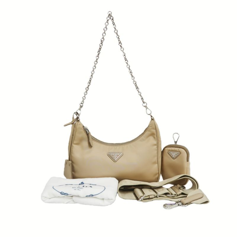 PRADA Handbag, Nylon, Beige with Silver Hardware, Detachable Shoulder Strap Included, Pouch Included, Dust Bag Included