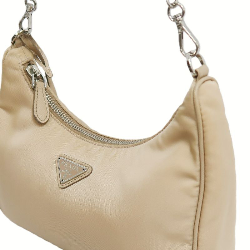 PRADA Handbag, Nylon, Beige with Silver Hardware, Detachable Shoulder Strap Included, Pouch Included, Dust Bag Included