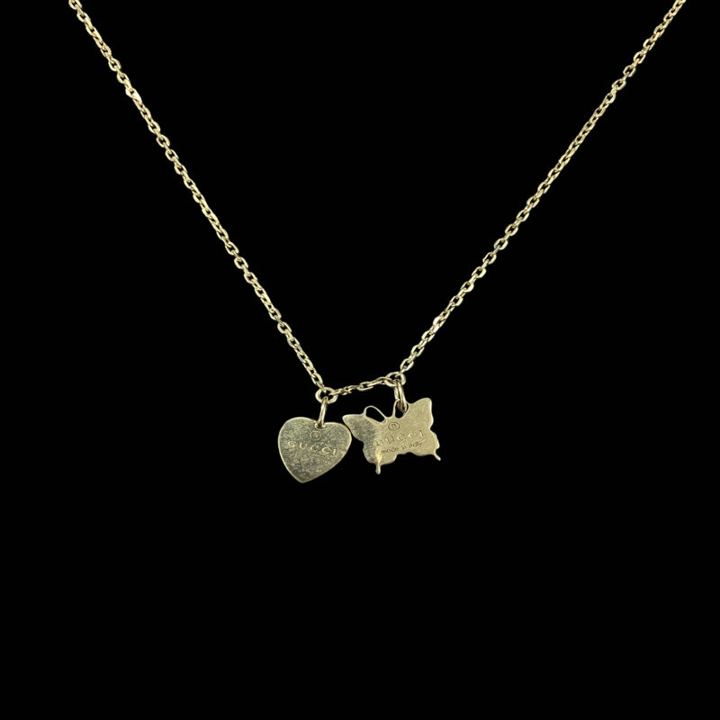 GUCCI necklace, heart & butterfly motif, silver-tone alloy hardware, with box and dust bag