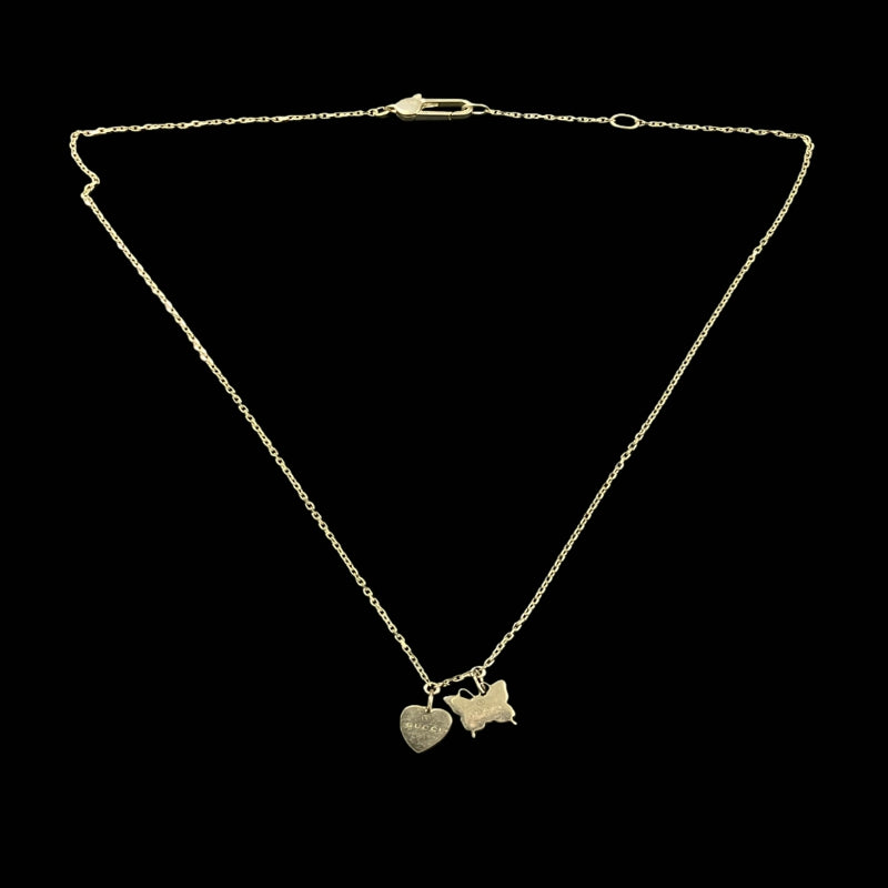 GUCCI necklace, heart & butterfly motif, silver-tone alloy hardware, with box and dust bag