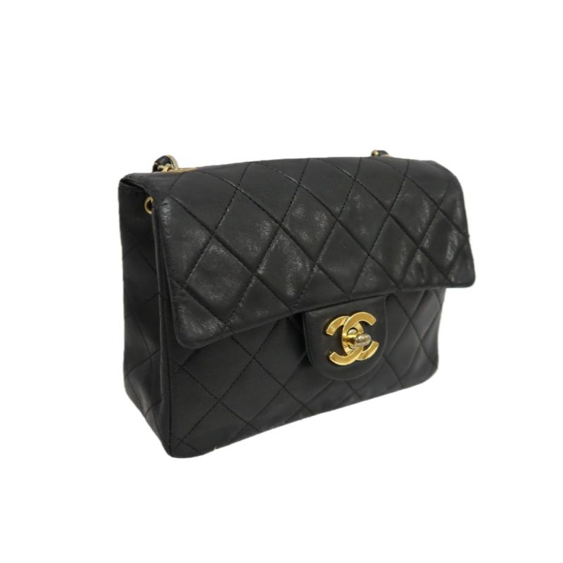 CHANEL Matelassé Chain Shoulder Bag, Lambskin, Black with Gold Hardware, Mini Classic Flap (Square)