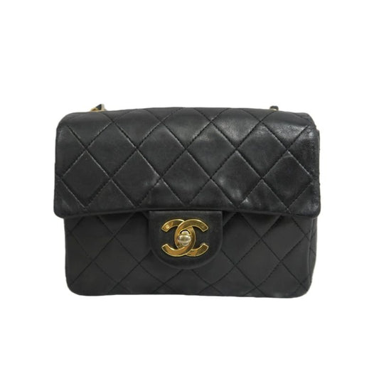 CHANEL Matelassé Chain Shoulder Bag, Lambskin, Black with Gold Hardware, Mini Classic Flap (Square)
