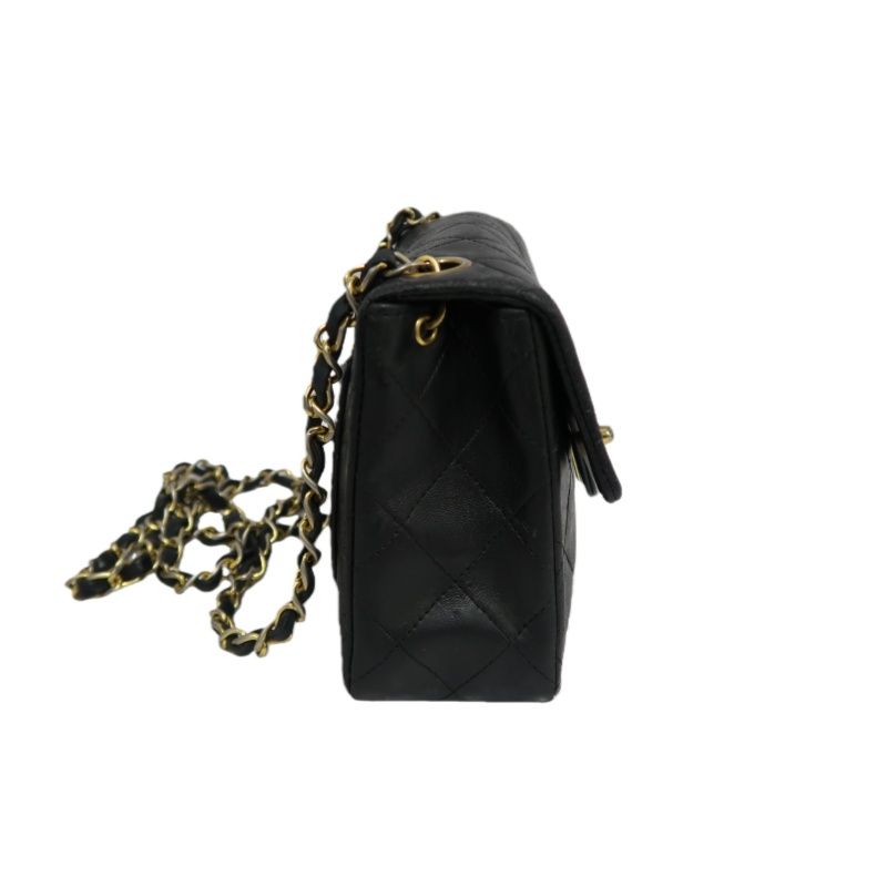 CHANEL Matelassé Chain Shoulder Bag, Lambskin, Black with Gold Hardware, Mini Classic Flap (Square)