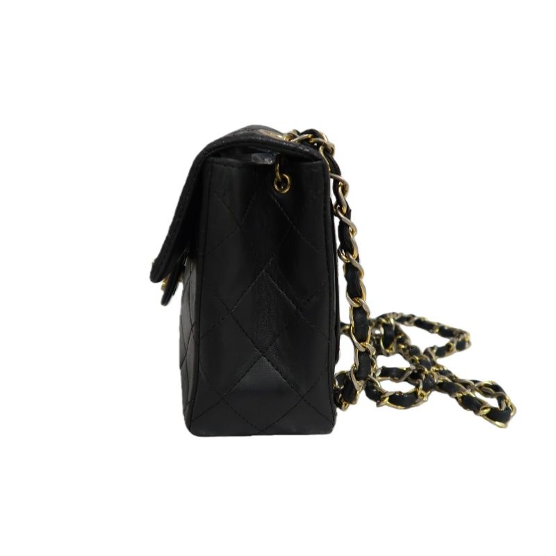 CHANEL Matelassé Chain Shoulder Bag, Lambskin, Black with Gold Hardware, Mini Classic Flap (Square)