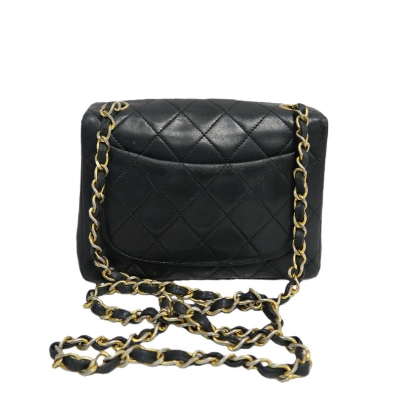 CHANEL Matelassé Chain Shoulder Bag, Lambskin, Black with Gold Hardware, Mini Classic Flap (Square)