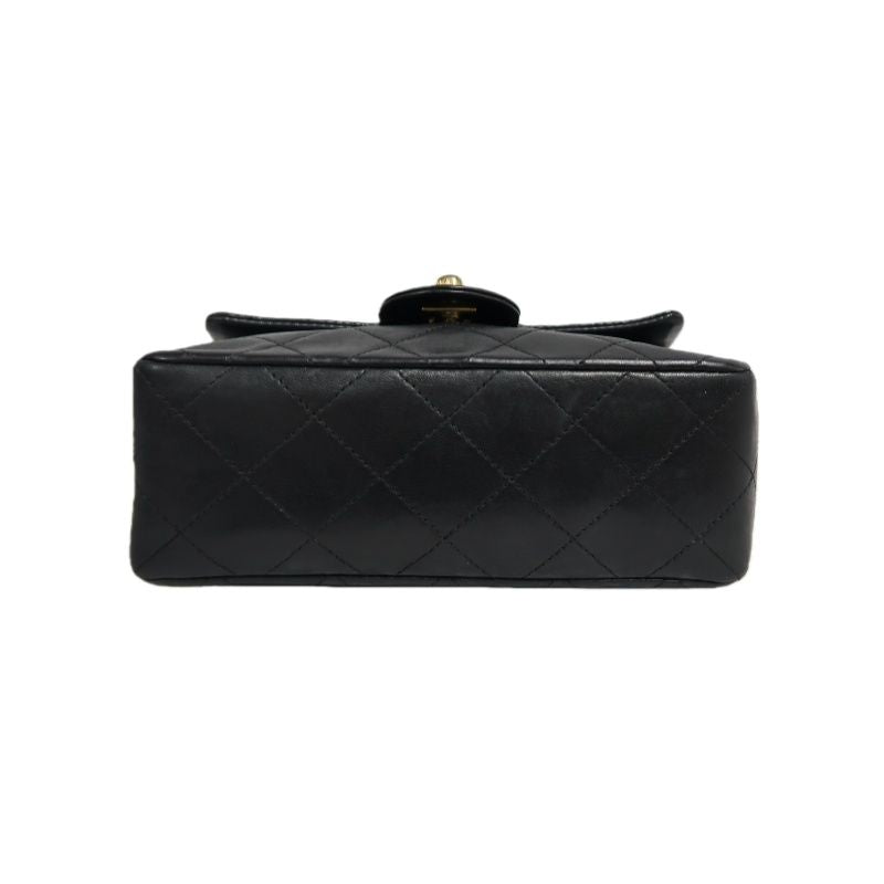 CHANEL Matelassé Chain Shoulder Bag, Lambskin, Black with Gold Hardware, Mini Classic Flap (Square)