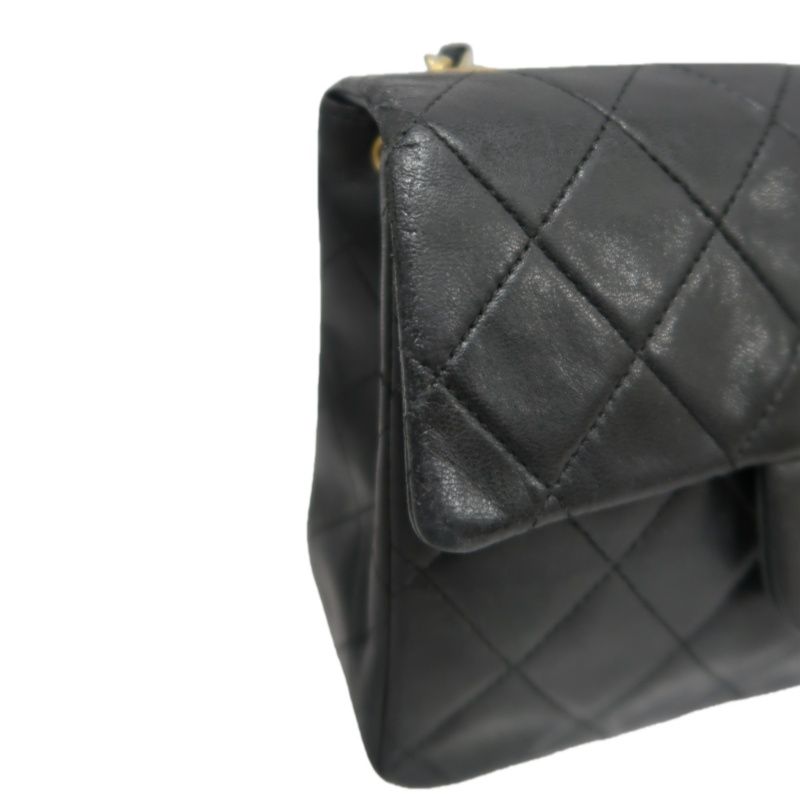 CHANEL Matelassé Chain Shoulder Bag, Lambskin, Black with Gold Hardware, Mini Classic Flap (Square)