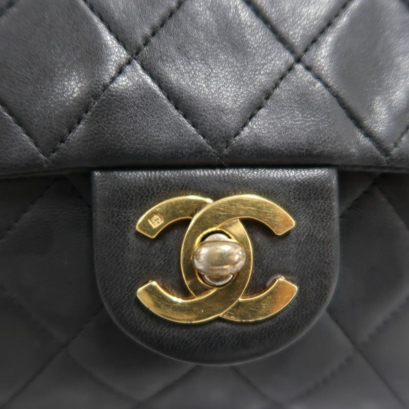 CHANEL Matelassé Chain Shoulder Bag, Lambskin, Black with Gold Hardware, Mini Classic Flap (Square)