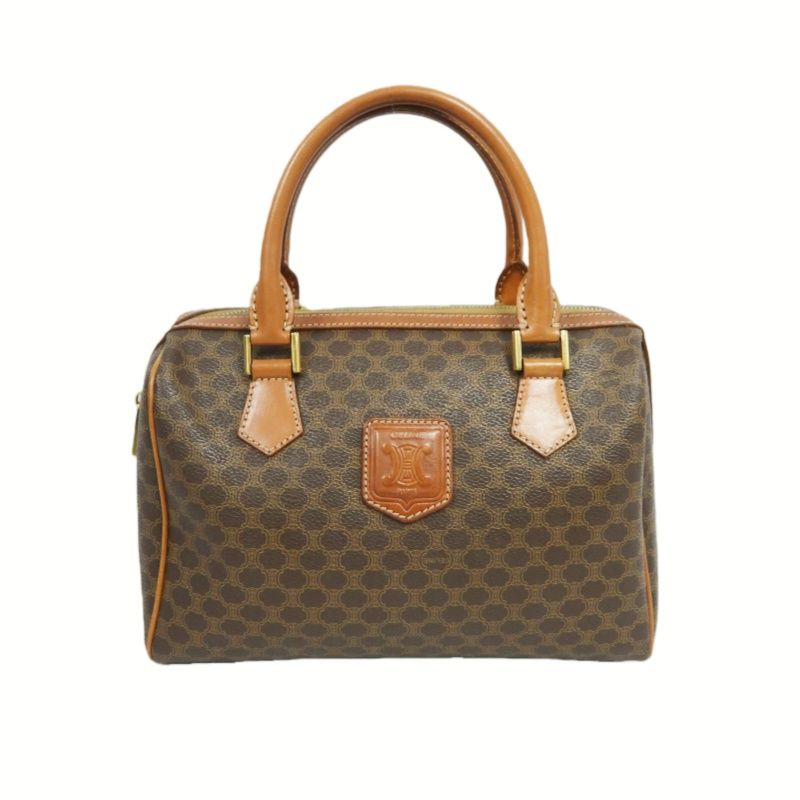 CELINE Macadam Pattern Brown Coated Canvas Mini Boston Handbag
