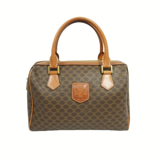 CELINE Macadam Pattern Brown Coated Canvas Mini Boston Handbag