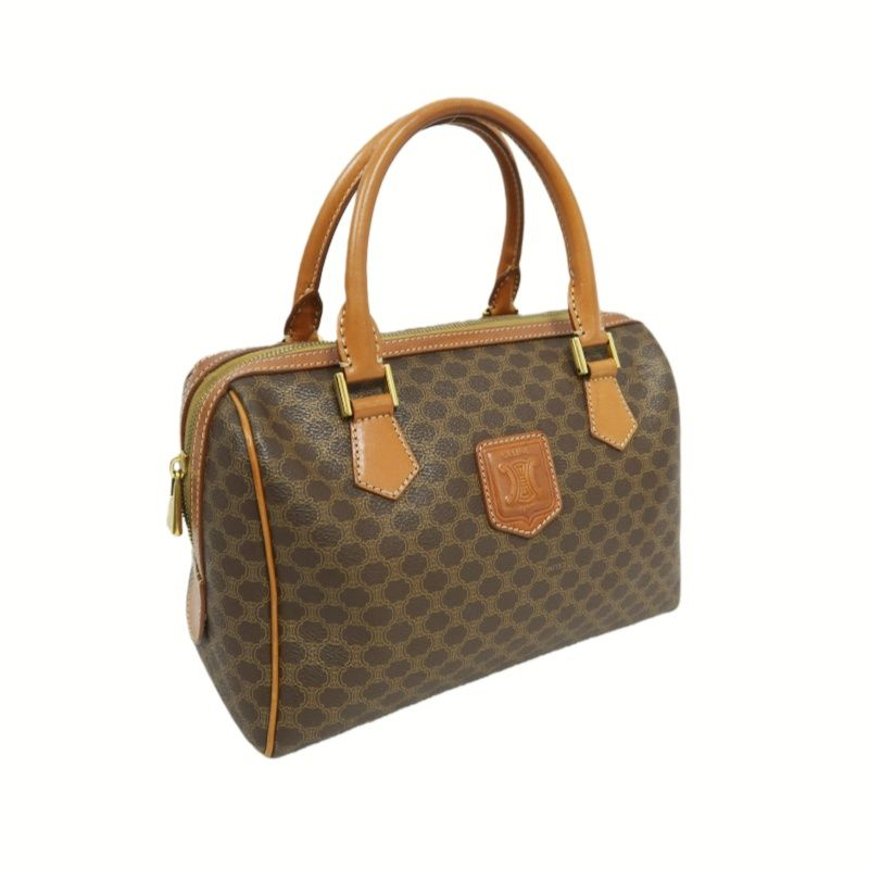CELINE Macadam Pattern Brown Coated Canvas Mini Boston Handbag