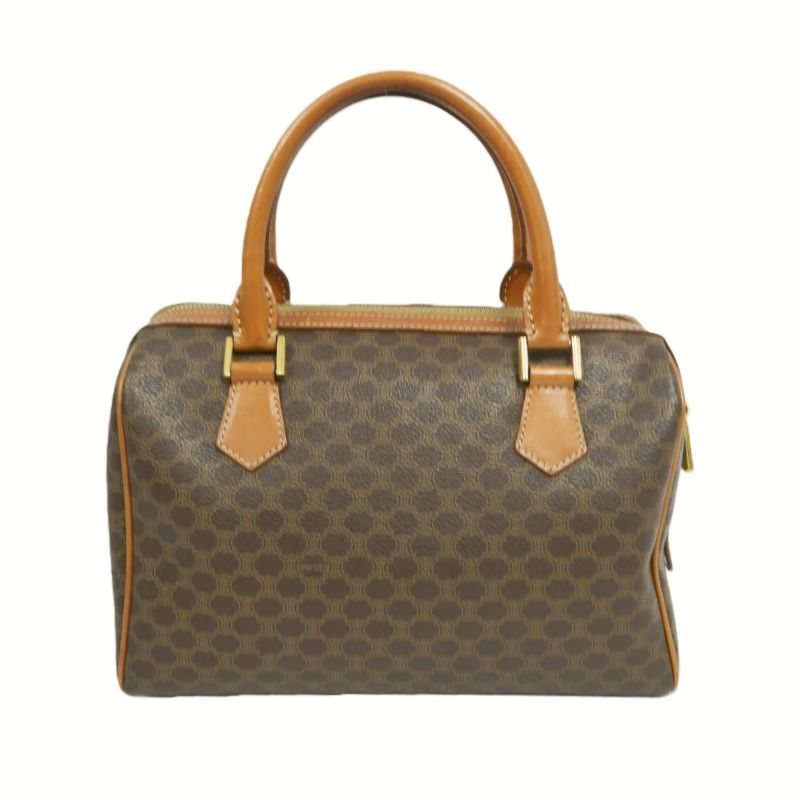 CELINE Macadam Pattern Brown Coated Canvas Mini Boston Handbag