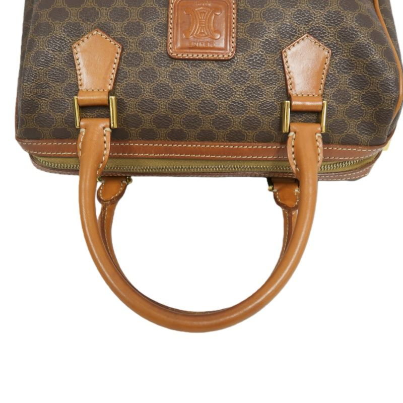 CELINE Macadam Pattern Brown Coated Canvas Mini Boston Handbag