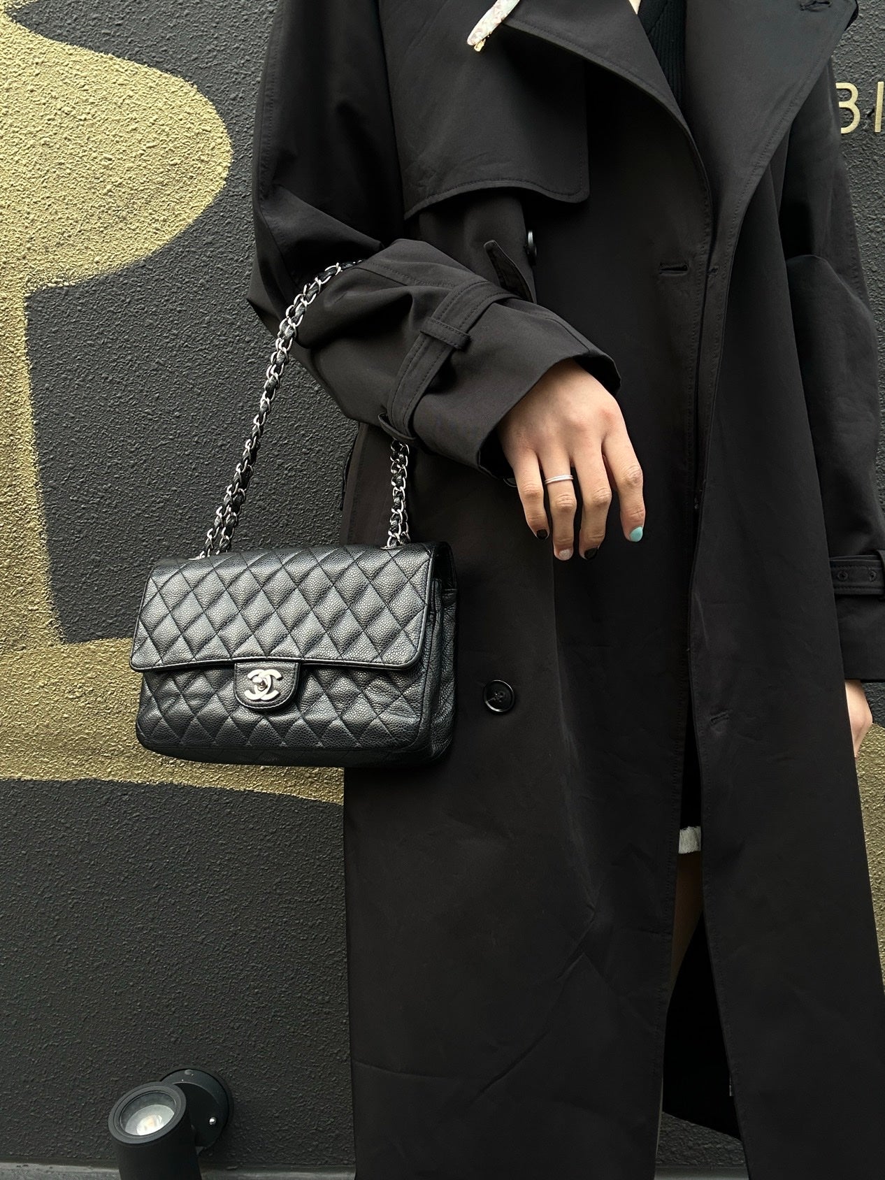 CHANEL Classic Flap Quilted Shoulder Bag, Caviar Leather, Black with Silver Hardware