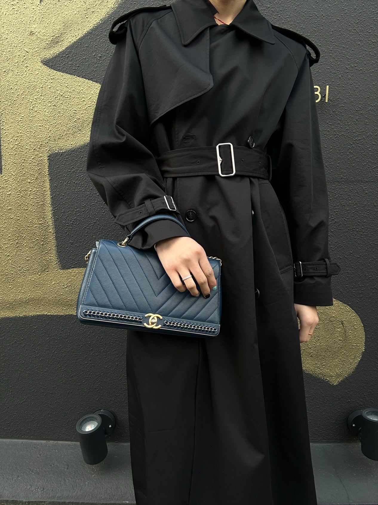 CHANEL V-Stitch Handbag & Shoulder Bag, Leather, Navy, Gold Hardware
