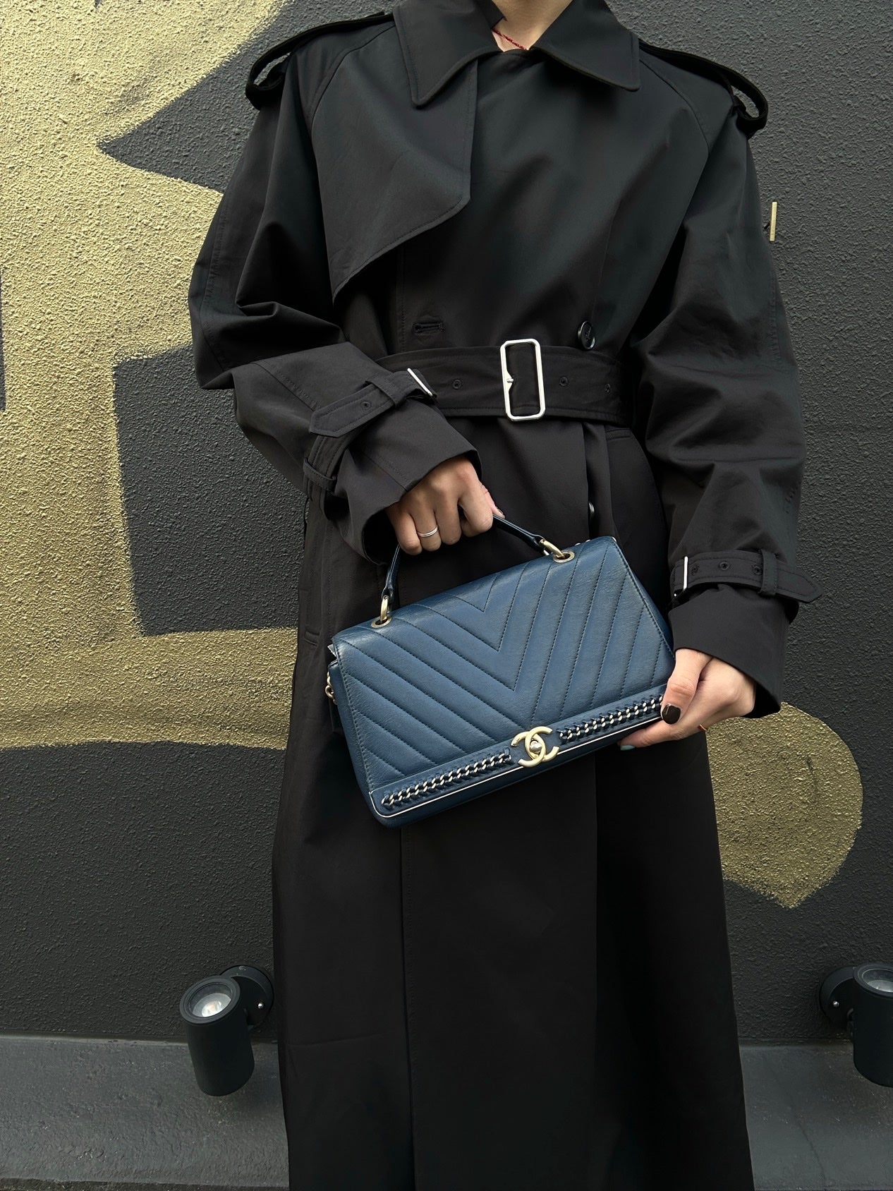 CHANEL V-Stitch Handbag & Shoulder Bag, Leather, Navy, Gold Hardware