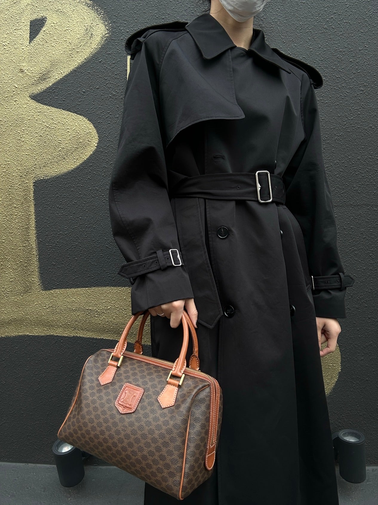 CELINE Macadam Pattern Brown Coated Canvas Mini Boston Handbag