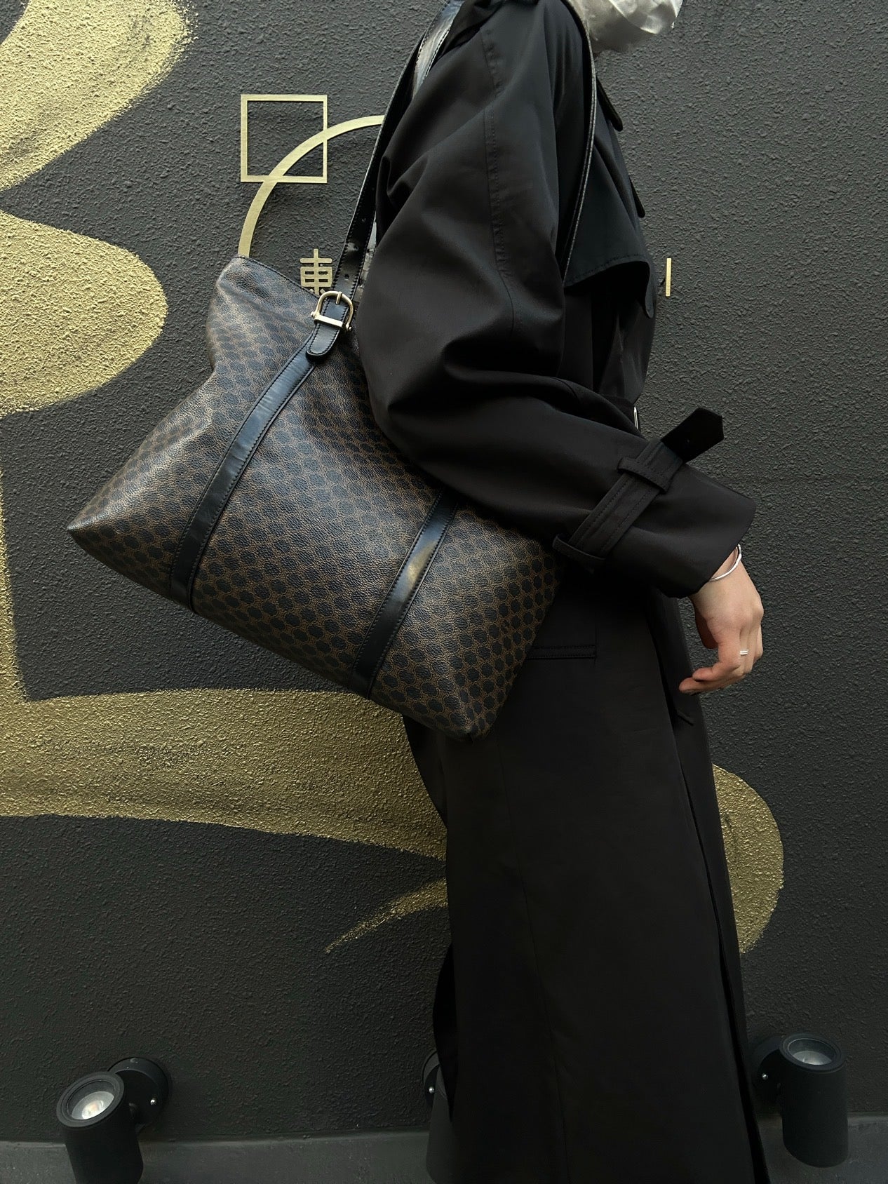 CELINE Macadam Coated Canvas, Tote & Shoulder Bag, Brown, Gold Hardware