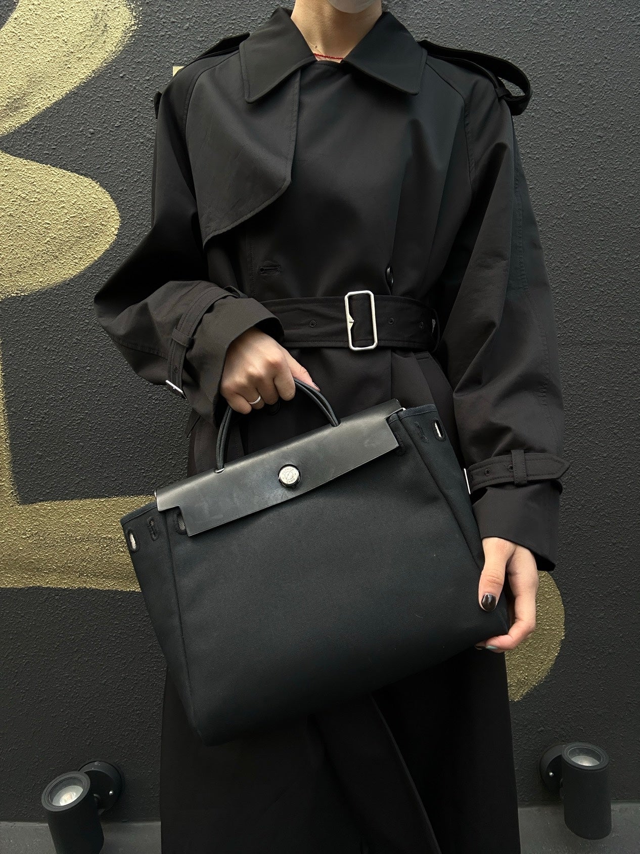 HERMES Herbag PM, Canvas Exterior, Hand, Shoulder & Crossbody Bag, Beige/Black, with 2 Keys, Shoulder Strap, Clochette, 2 Rain Covers, Stopper and Extra Inner Bag