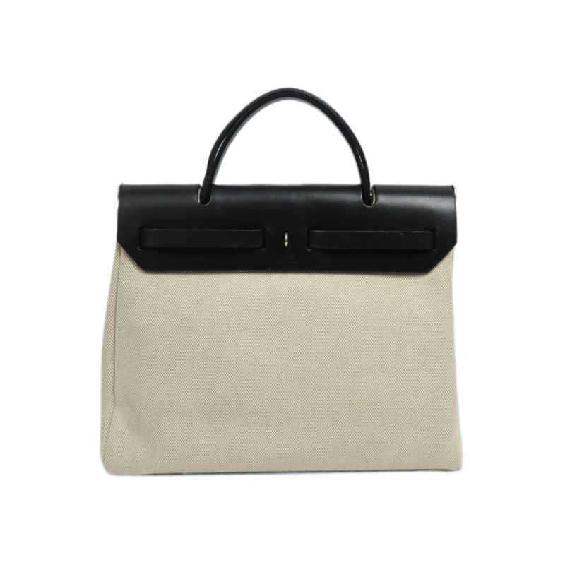 HERMES Herbag PM, Canvas Exterior, Hand, Shoulder & Crossbody Bag, Beige/Black, with 2 Keys, Shoulder Strap, Clochette, 2 Rain Covers, Stopper and Extra Inner Bag