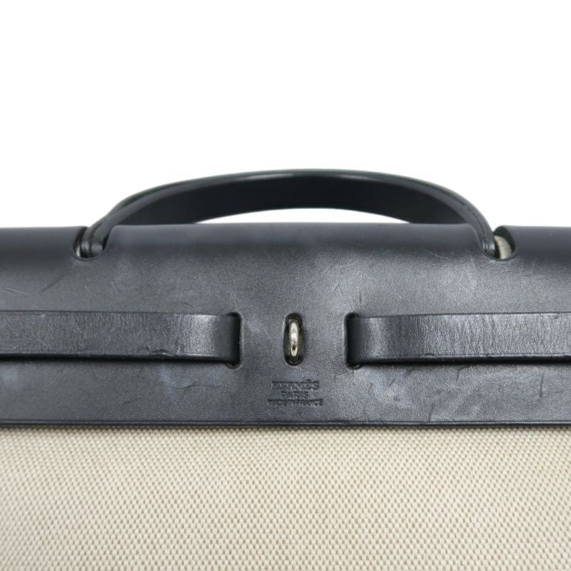 HERMES Herbag PM, Canvas Exterior, Hand, Shoulder & Crossbody Bag, Beige/Black, with 2 Keys, Shoulder Strap, Clochette, 2 Rain Covers, Stopper and Extra Inner Bag