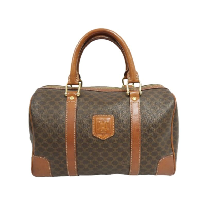 CELINE Macadam Pattern Brown Coated Canvas Mini Boston Handbag