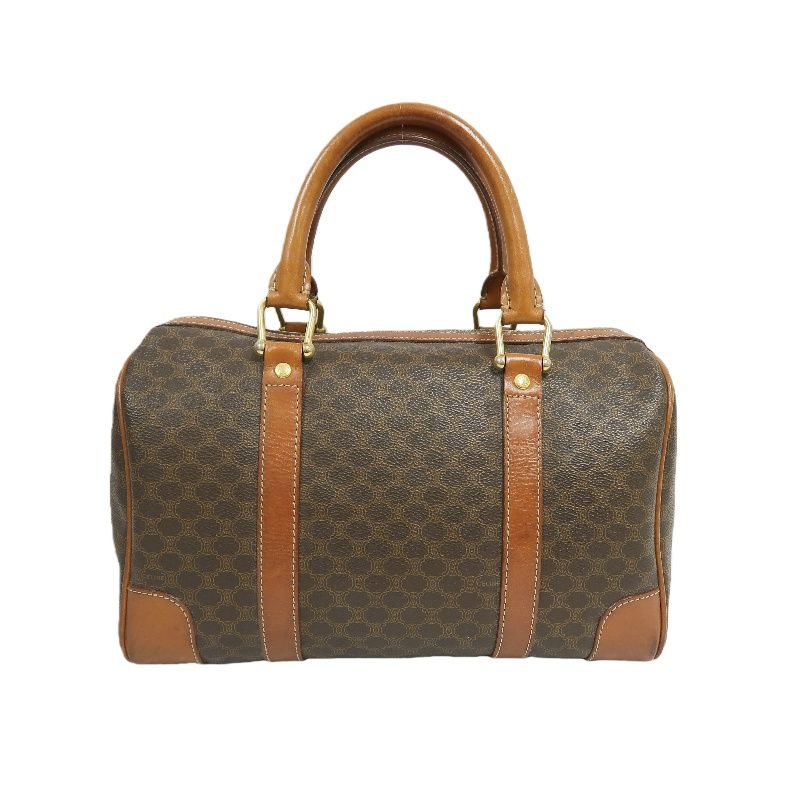 CELINE Macadam Pattern Brown Coated Canvas Mini Boston Handbag